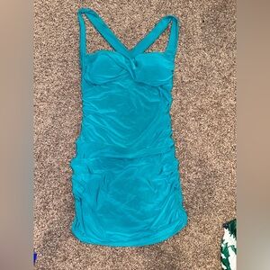 Sabora Tiffany Blue Rushed Bodycon Dress with Sweetheart Neckline, probably M/L